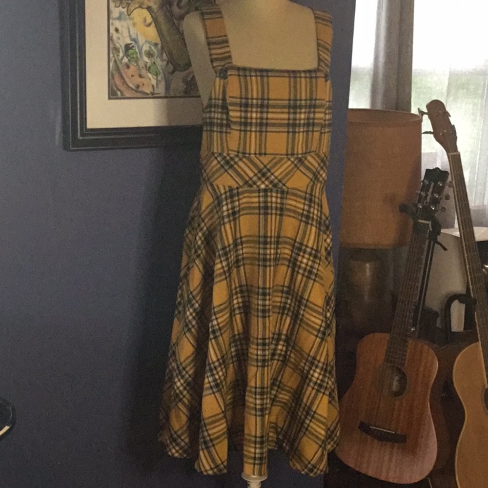 Hell Bunny yellow Plaid pinafore Dress L uk14